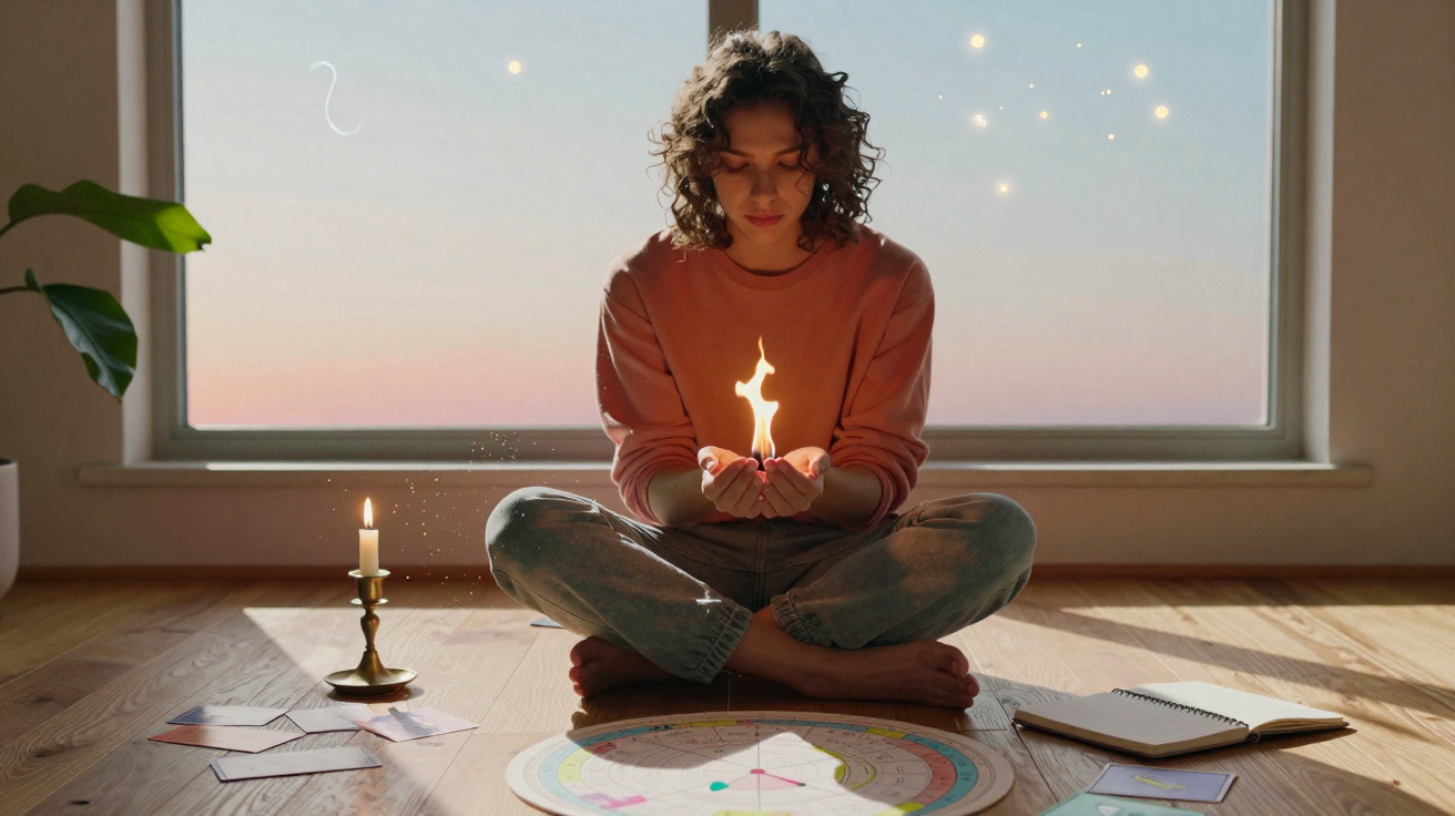Person sitting cross-legged indoors holding a glowing flame with tarot cards and a notebook nearby.