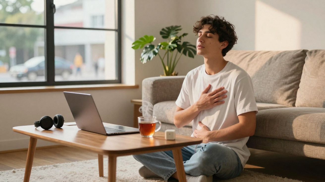 Young man sitting on floor meditating with eyes closed in bright living room by coffee table with laptop and tea mug.