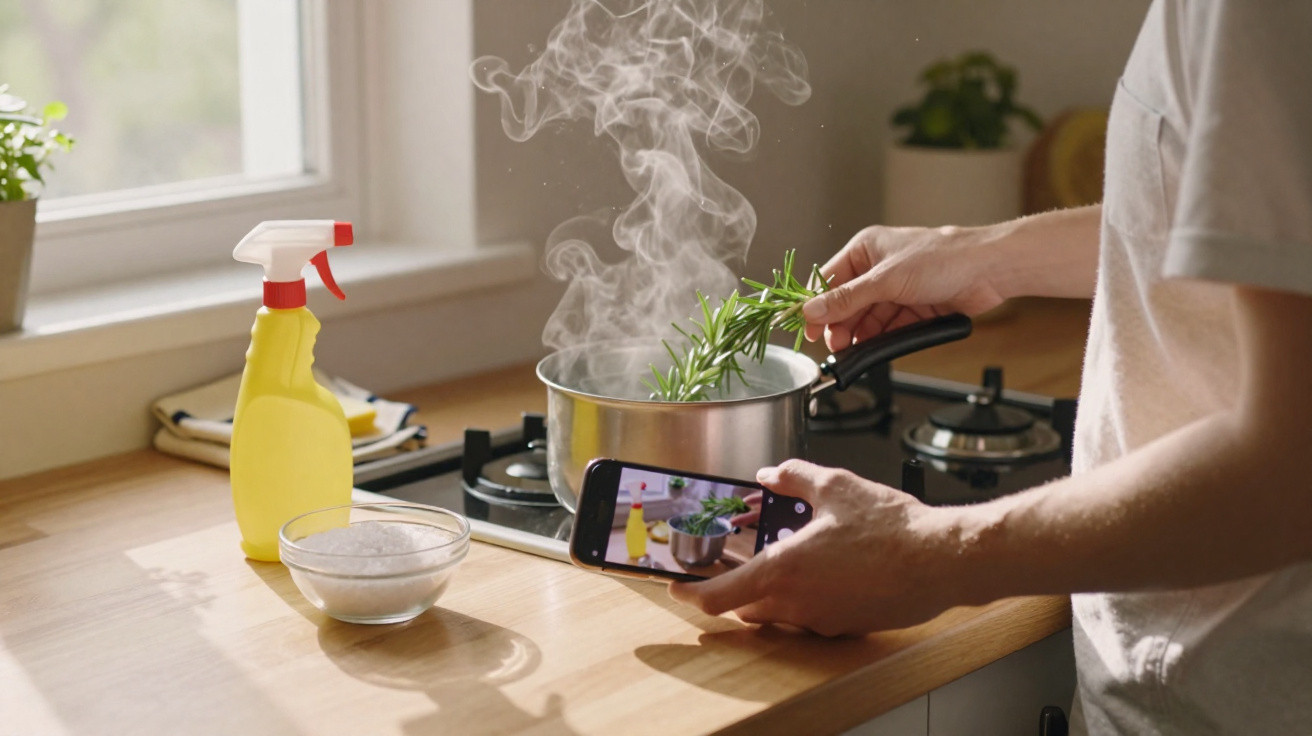 Person adding rosemary to a steaming pot on a stove while taking a photo with a smartphone in a kitchen.