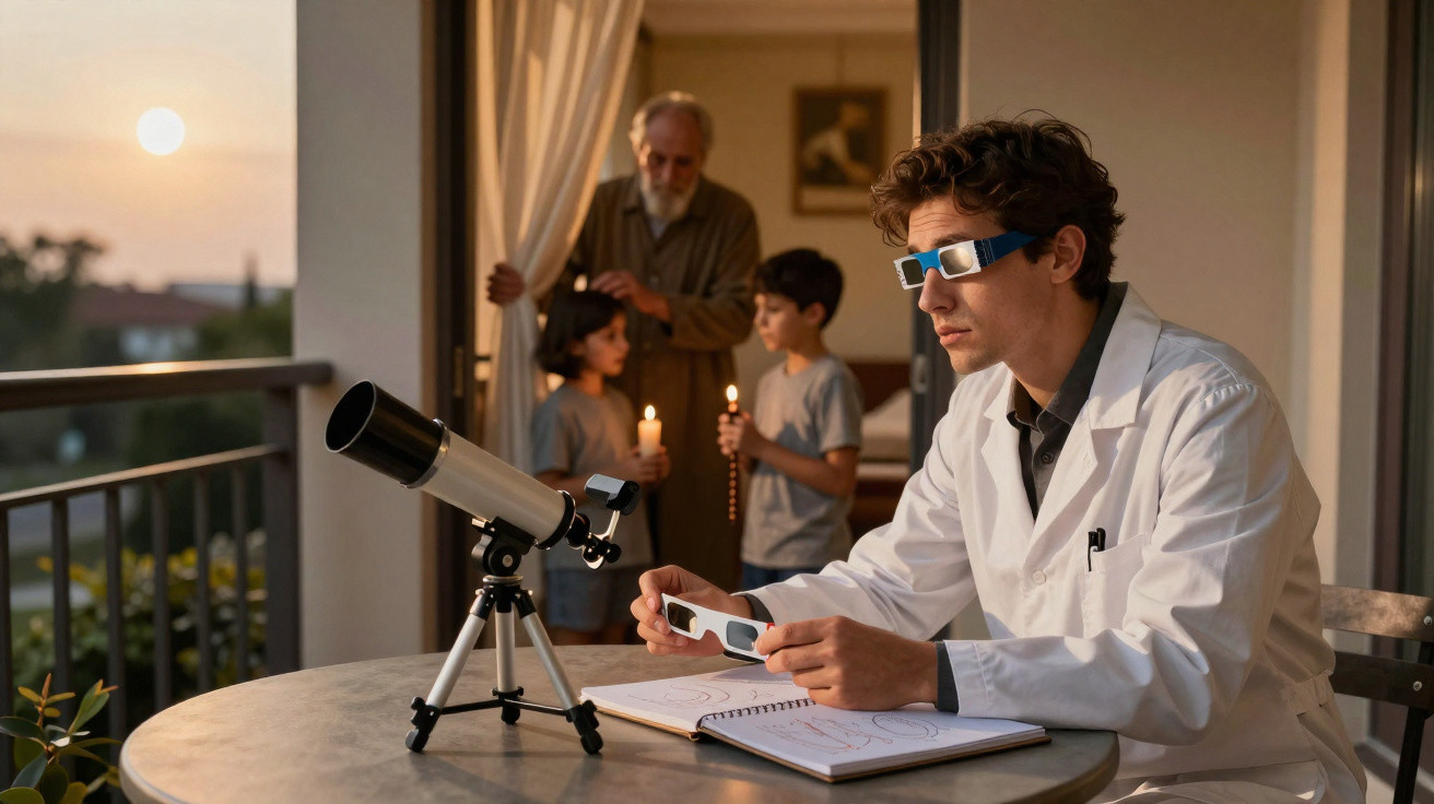 Man in lab coat and solar glasses by telescope on balcony at sunset with children and elderly man indoors.