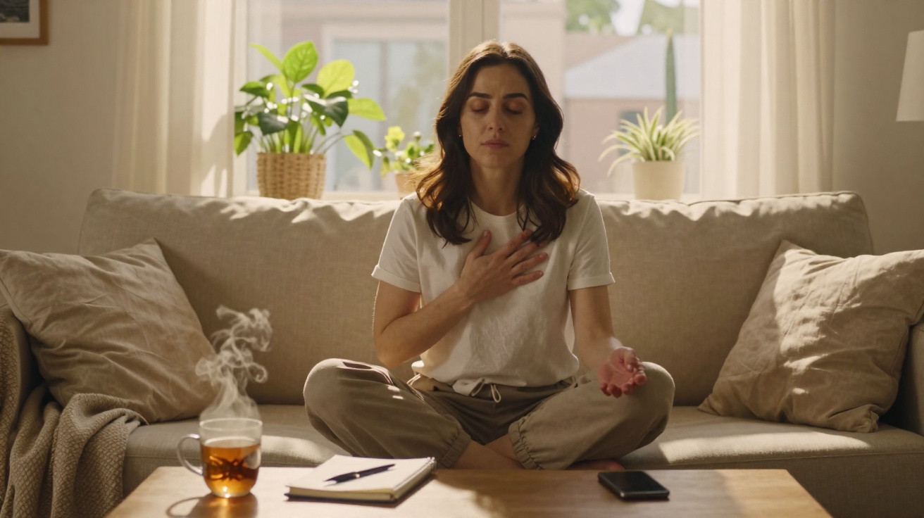 Woman sitting cross-legged on a sofa with eyes closed, meditating with hand on chest in a sunlit room.