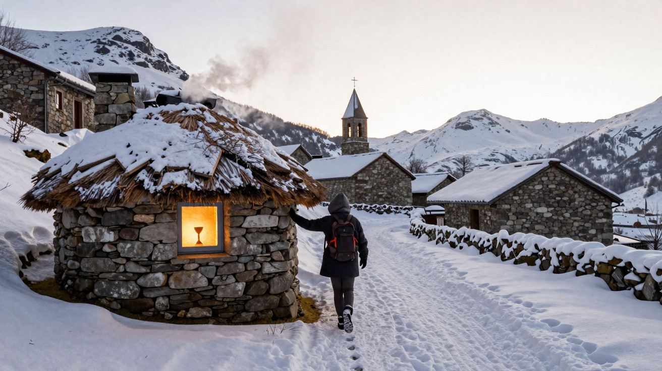 Person walking on snow-covered path beside stone huts with snowy mountains and church tower in the background at dusk