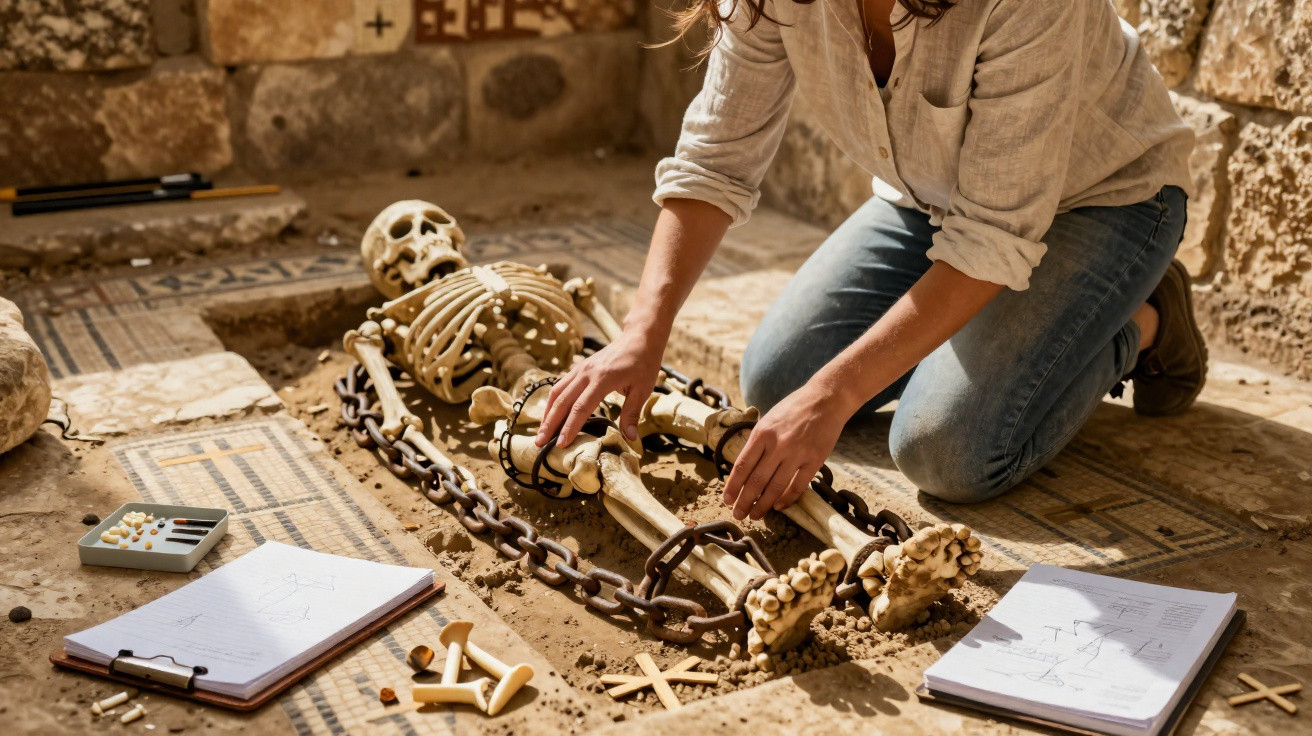 Archaeologist kneeling and examining a chained skeleton in an ancient stone tomb with notes and tools nearby.