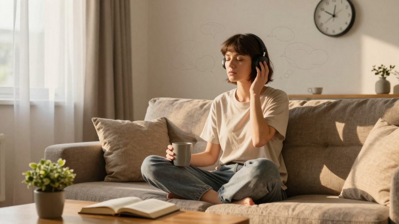 Young woman sitting cross-legged on a sofa, listening to headphones and holding a mug with eyes closed.