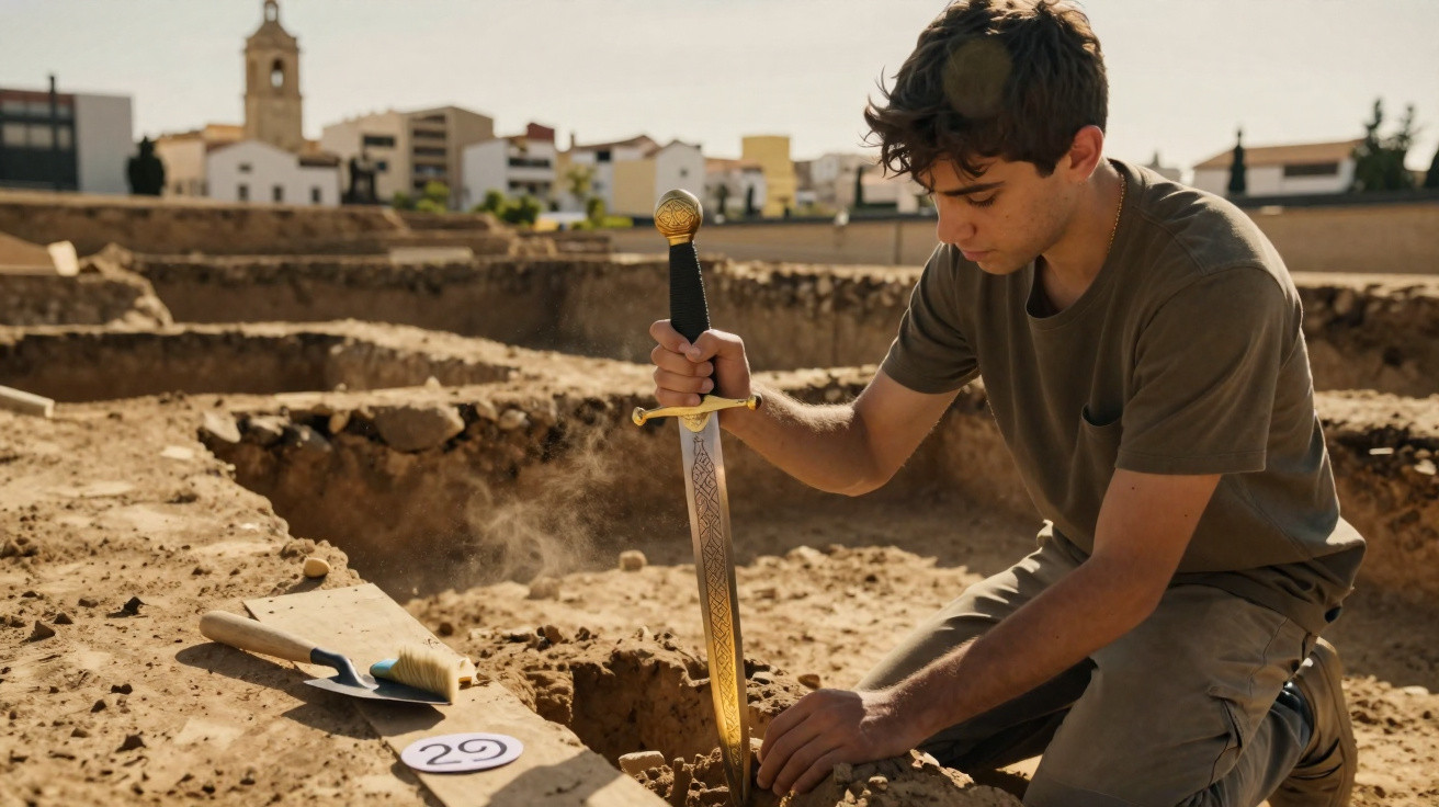 Young archaeologist excavating a medieval sword at an archaeological dig site in a city.