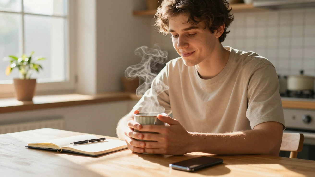 Young man sitting at a wooden table holding a steaming mug, with a notebook, pen, and phone nearby in a sunlit kitchen.