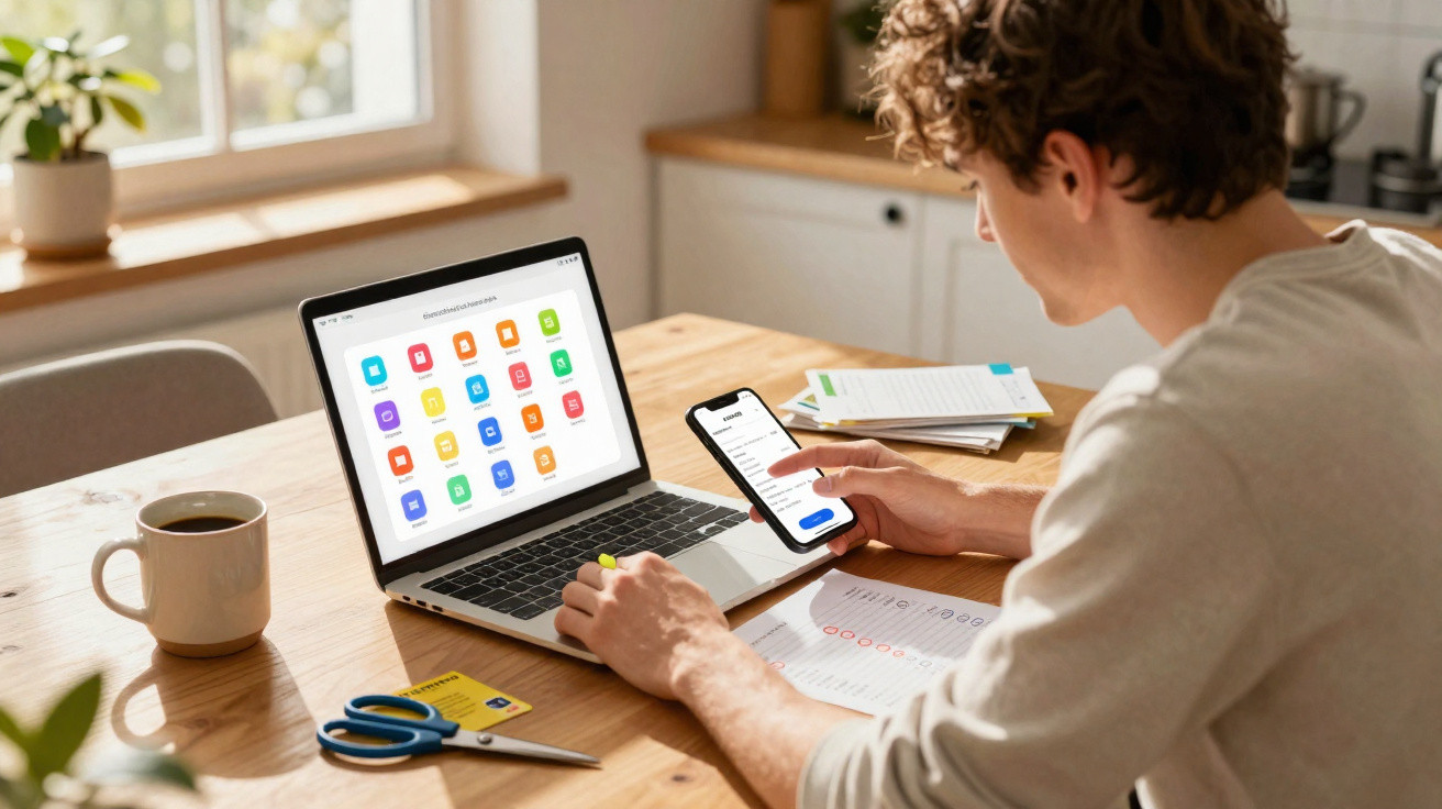 Person using a smartphone and laptop at a wooden table with documents, scissors, and a coffee mug nearby.