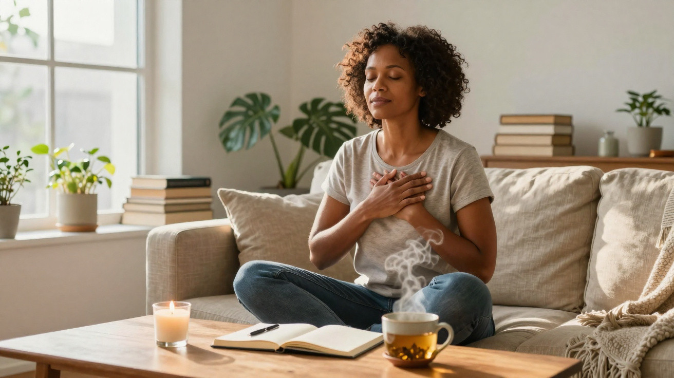 Woman practising mindfulness meditation with eyes closed, sitting cross-legged on a sofa in a cosy living room.