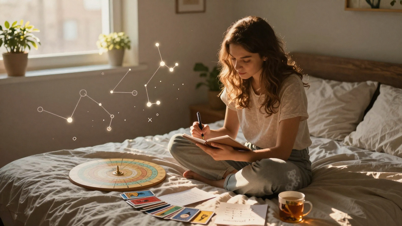Young woman sitting cross-legged on bed, writing in a notebook with astrology chart and tarot cards nearby