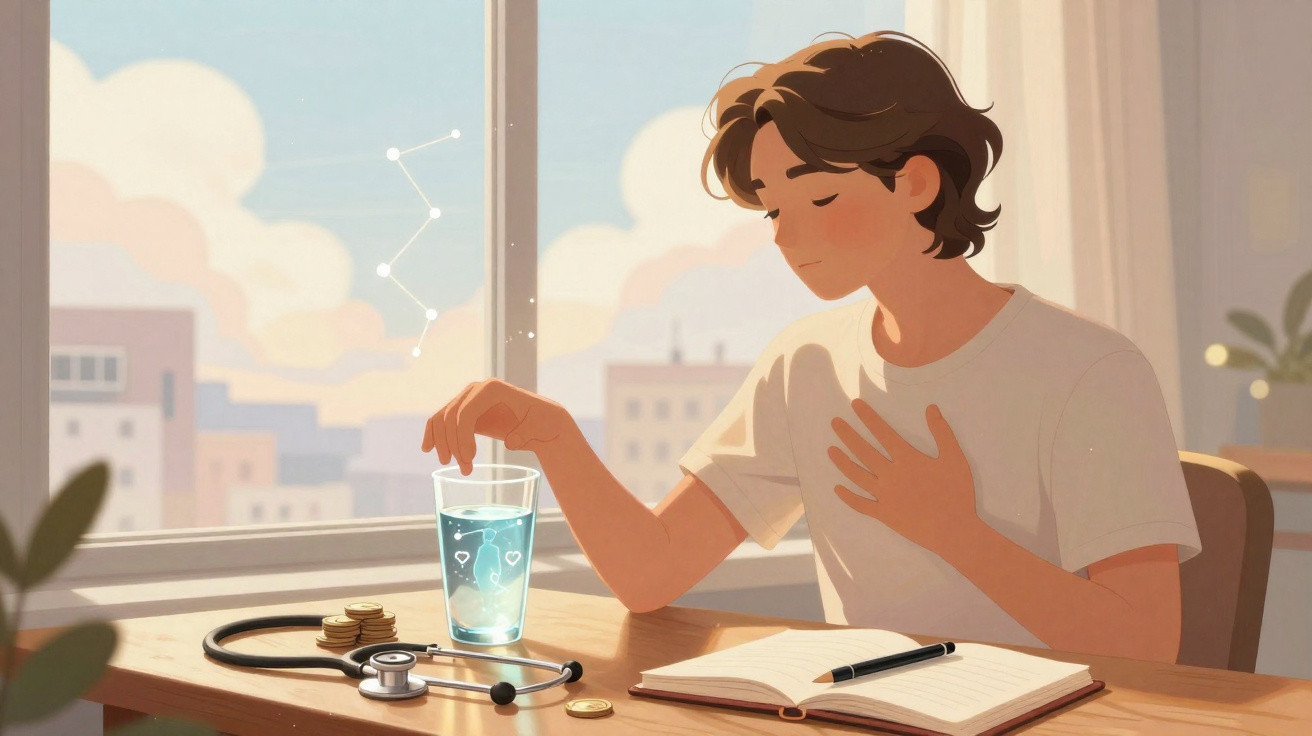 Young person with hand on chest sitting at a desk with open notebook, glass of water, and stethoscope by the window.