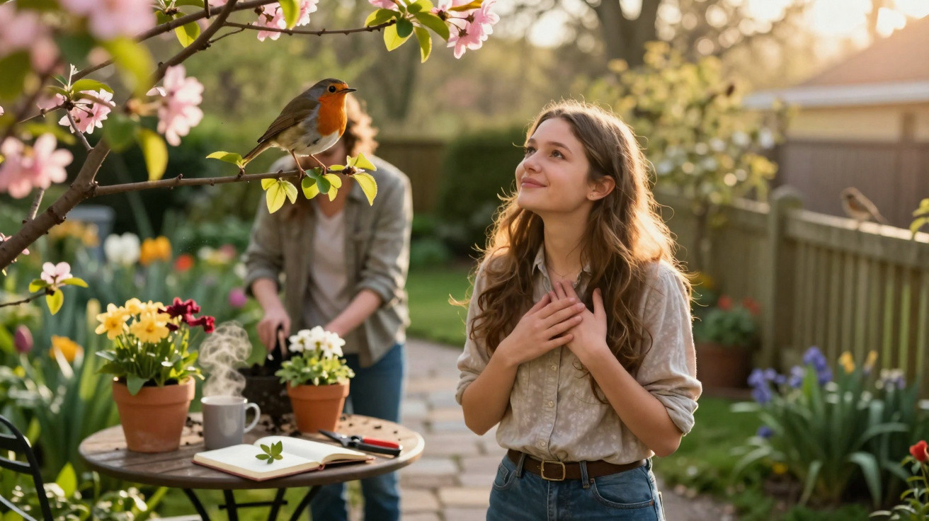 Young woman admiring a robin on a flowering branch in a sunny garden with another person gardening nearby.