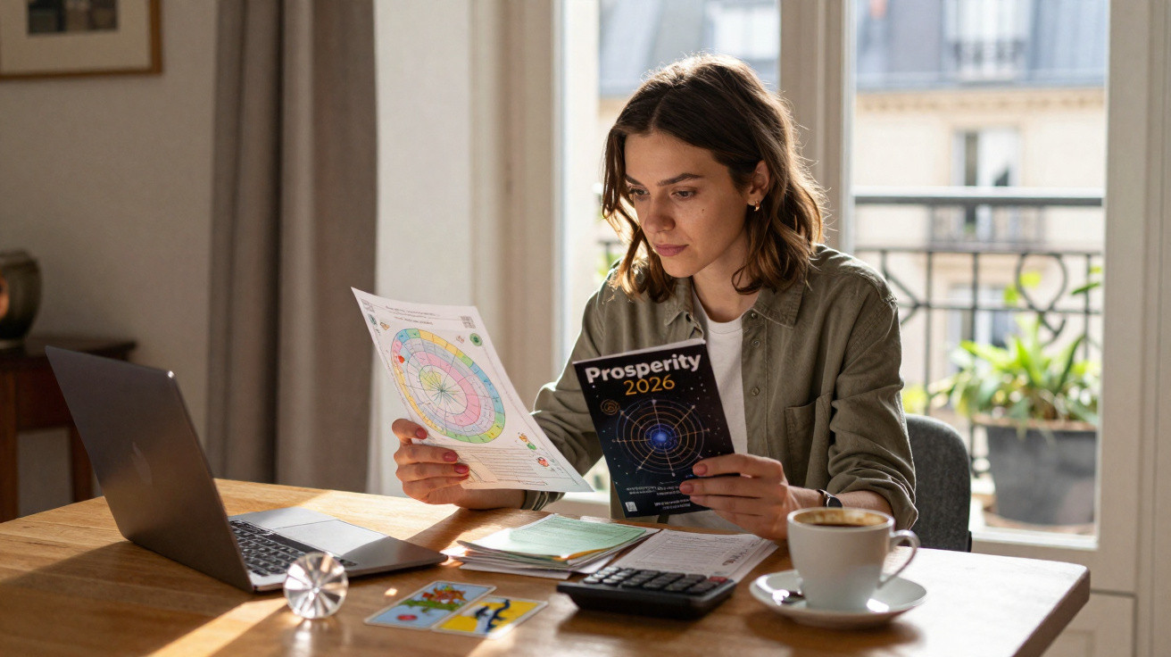 Woman studying astrology charts and booklet titled Prosperity 2026 at a sunlit wooden table with laptop and coffee.