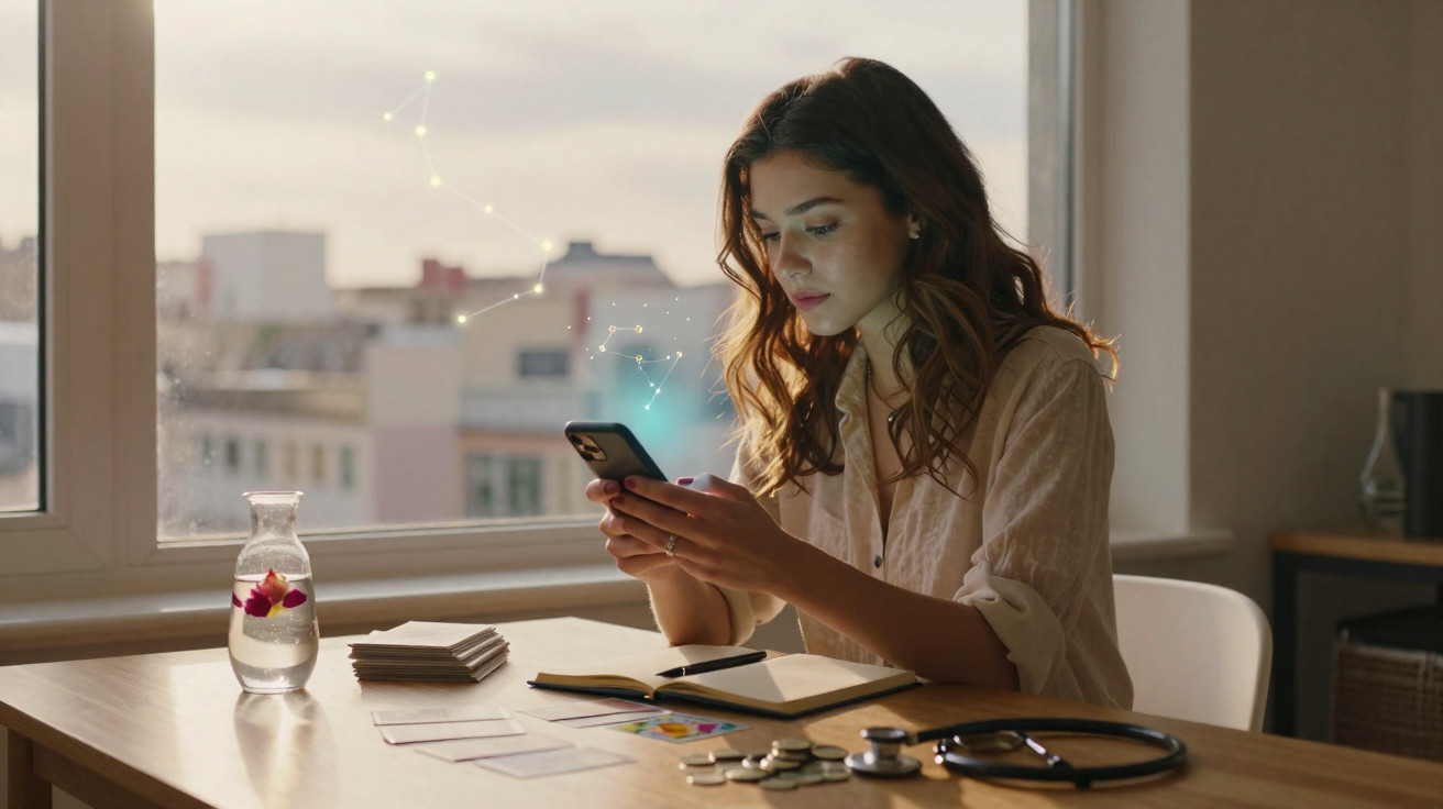 Young woman sitting at a desk near a window, looking at her phone with medical tools and notes around her.