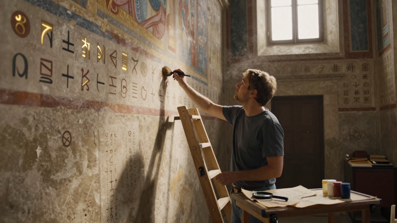 Man painting ancient symbols on a wall inside a historic, sunlit room with a ladder and painting supplies.