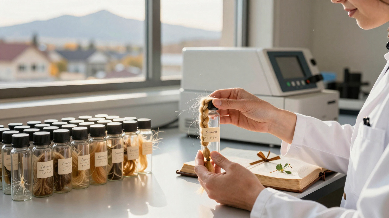 Lab technician in white coat holding a glass vial with braid samples in a laboratory setting.