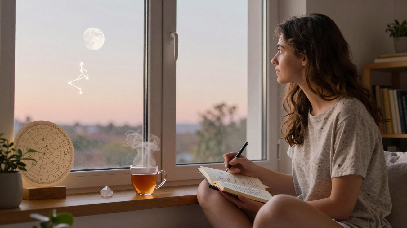Woman writing in a notebook by a window at dusk with moon, constellation, tea, and zodiac chart visible.