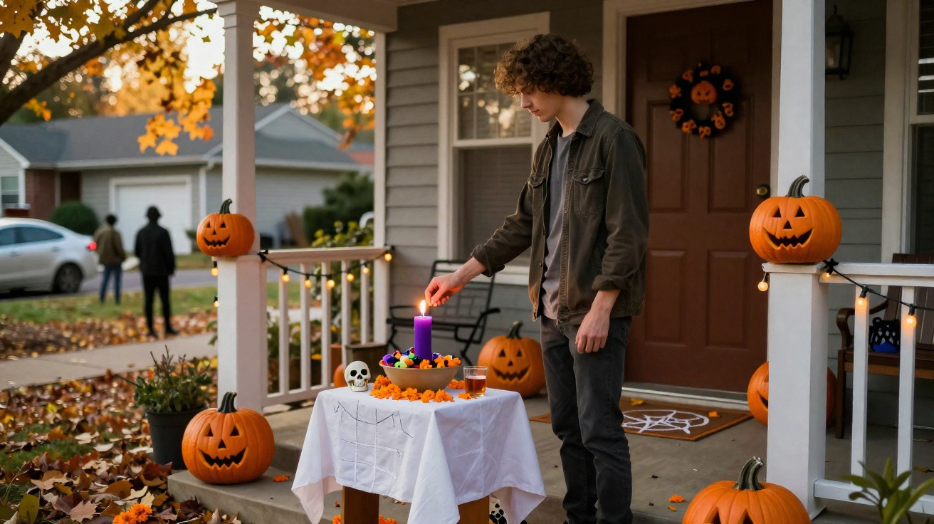 Young man lighting a purple candle on a decorated Halloween porch with pumpkins and autumn leaves.