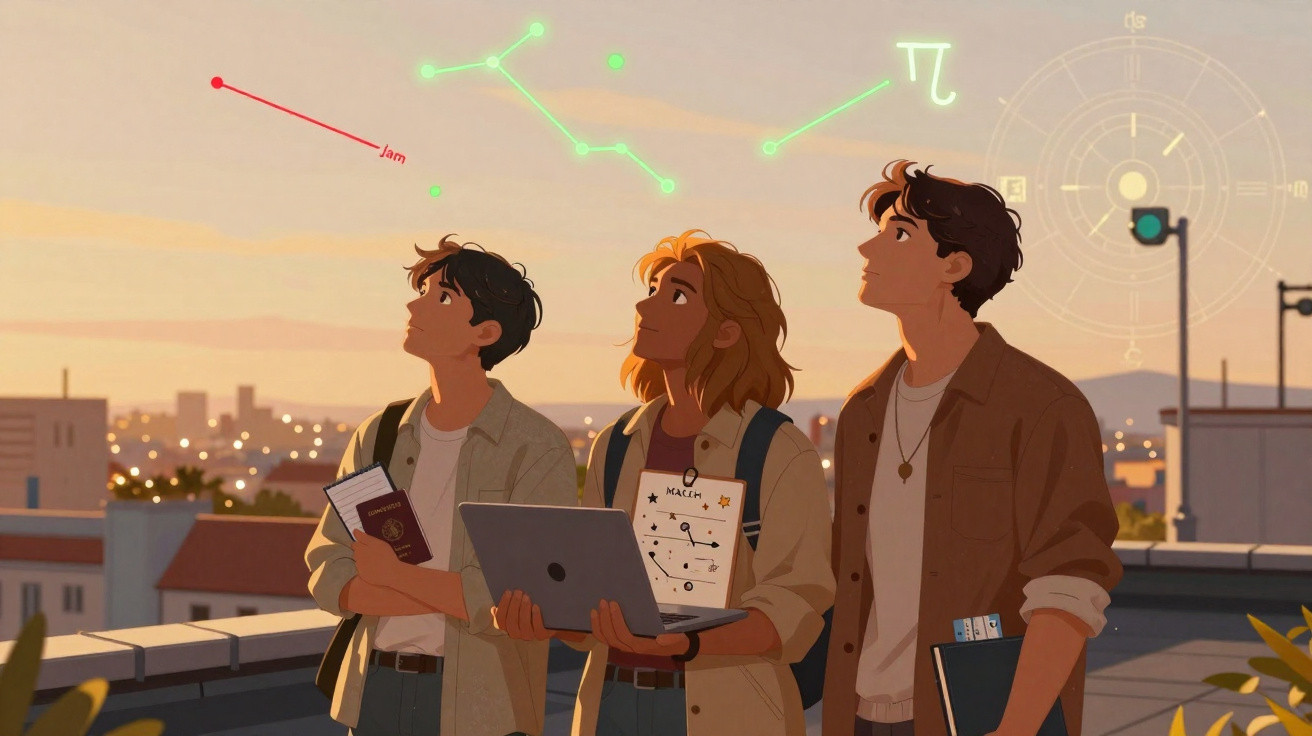 Three young people on a rooftop at sunset studying constellations with a laptop and books.