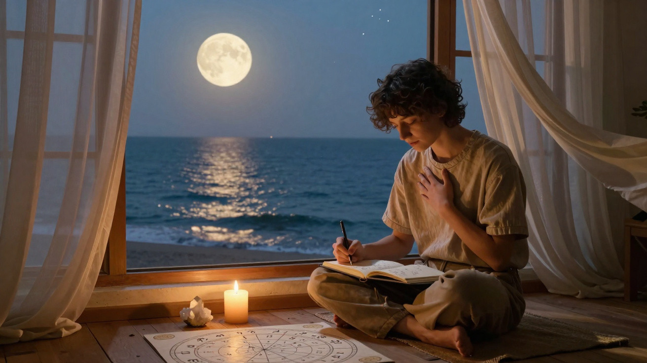 Person journaling by candlelight near an open window with moonlight reflecting on the sea at night