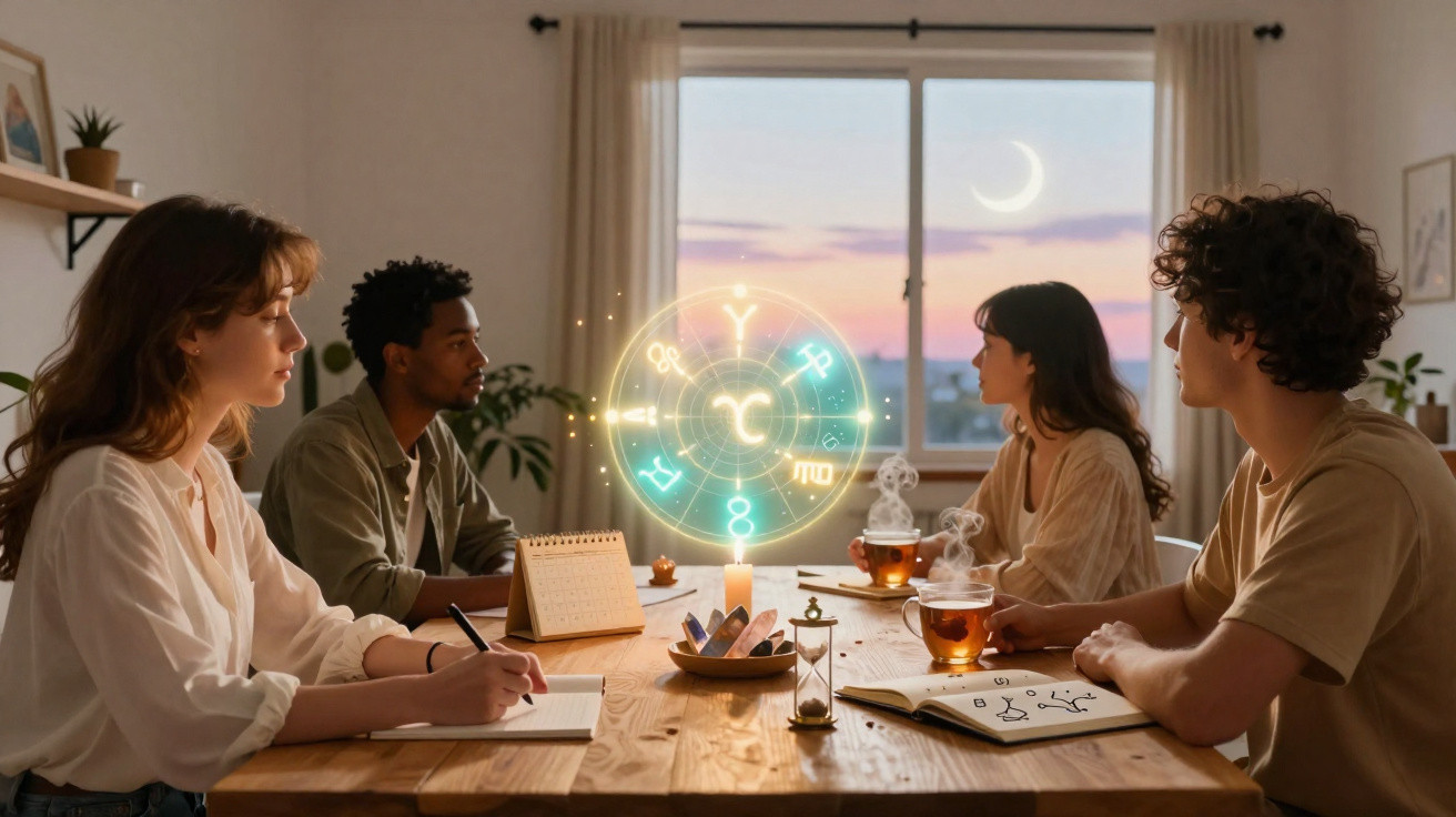 Four people sit around a table with notebooks, tea, and a glowing zodiac wheel projection at dusk.