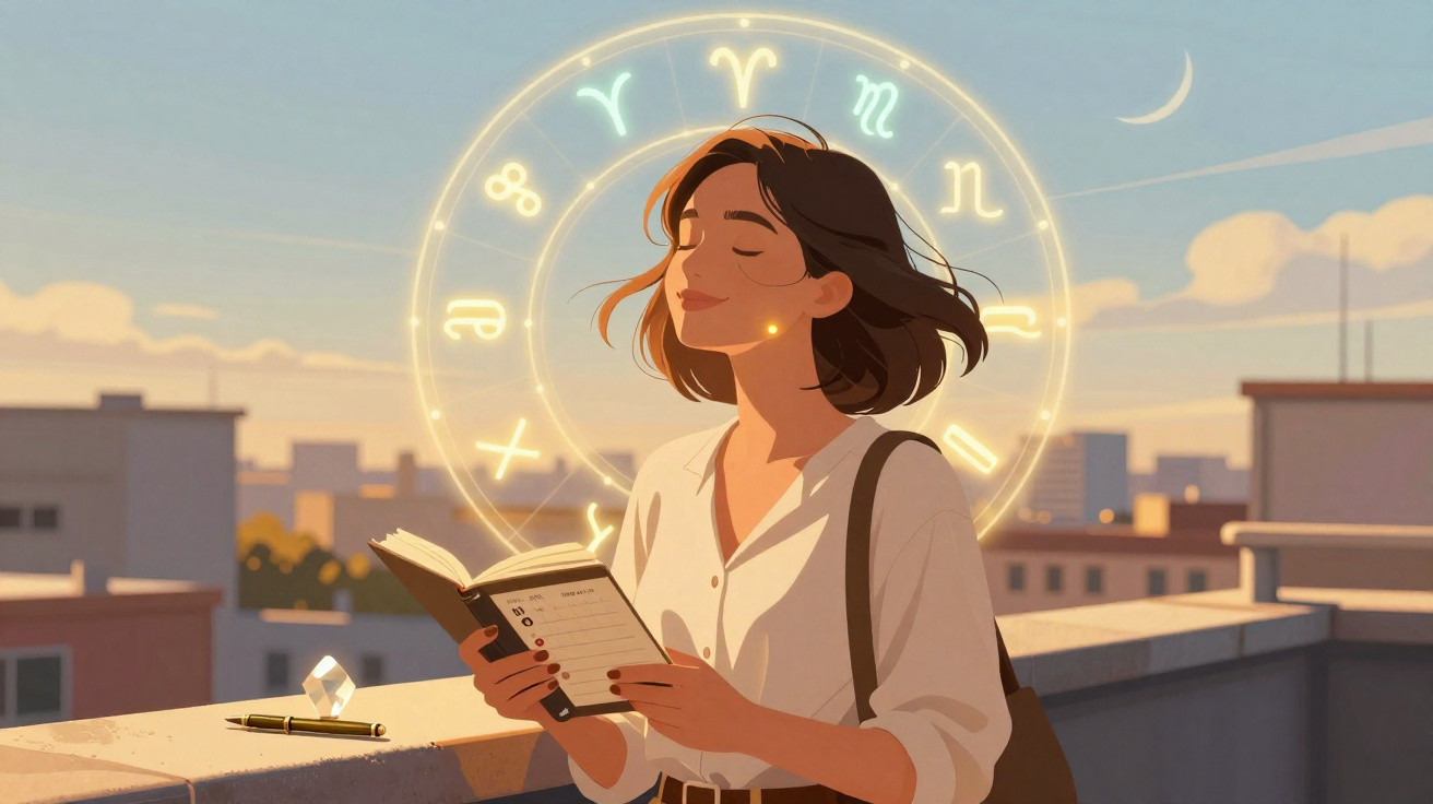 Young woman reading a book on a rooftop with glowing zodiac signs and a crescent moon in the evening sky.
