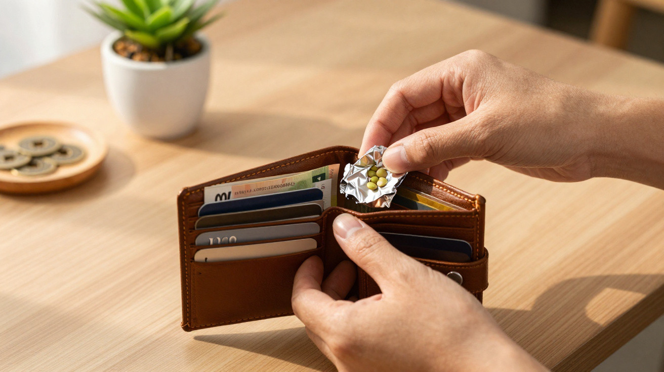Person holding a brown wallet and removing a blister pack of yellow pills at a wooden table with a plant nearby.