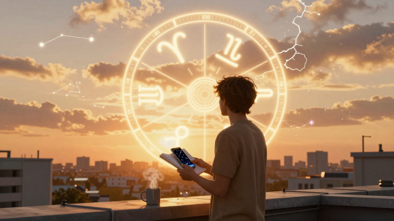 Person on rooftop at sunset holding tablet with glowing zodiac signs and constellations in sky.