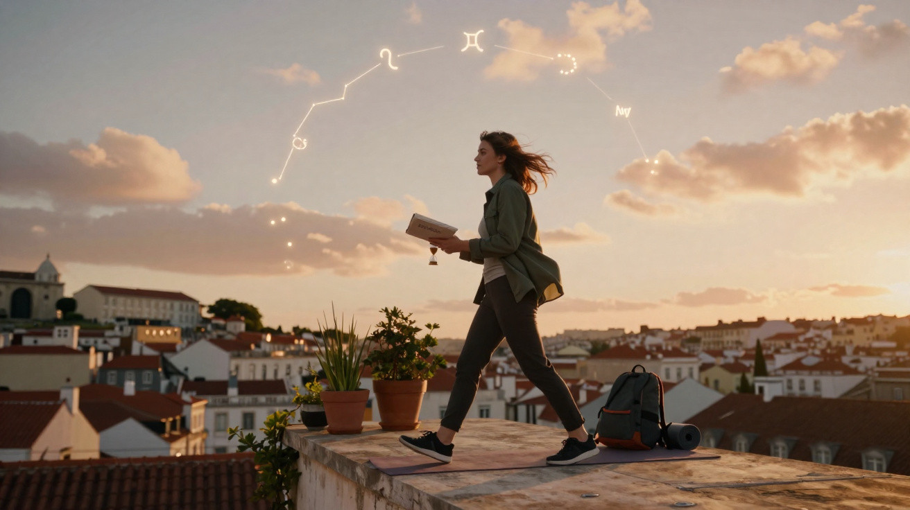 Woman walking on rooftop at sunset with constellation illustrations in the sky above a cityscape.