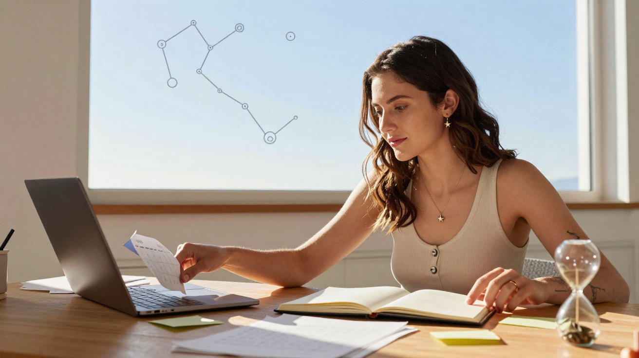 Young woman studying astrology charts on laptop at a sunlit desk with books and hourglass.