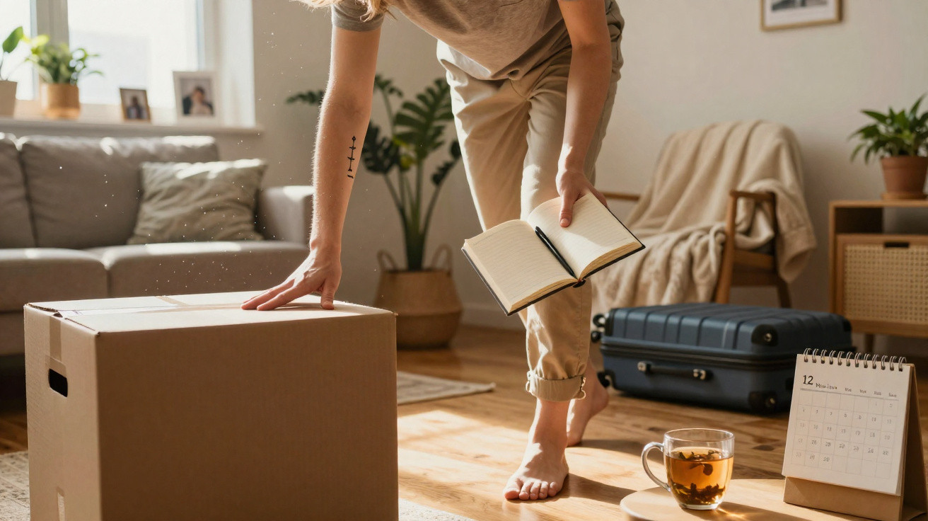 Person unpacking a cardboard box in a sunlit room with a notebook, calendar, suitcase, and tea cup nearby.