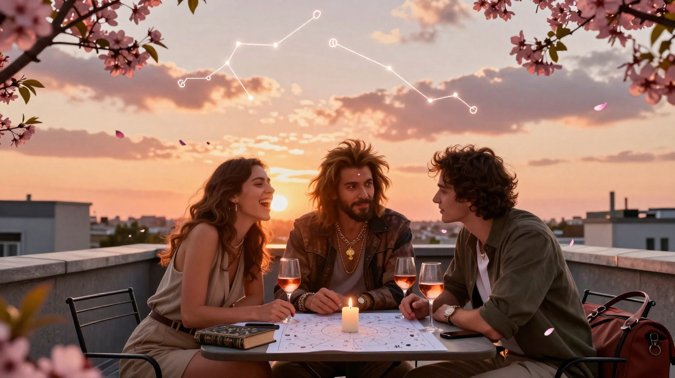Three friends enjoying drinks and conversation at sunset on a rooftop with a star chart and constellations above.