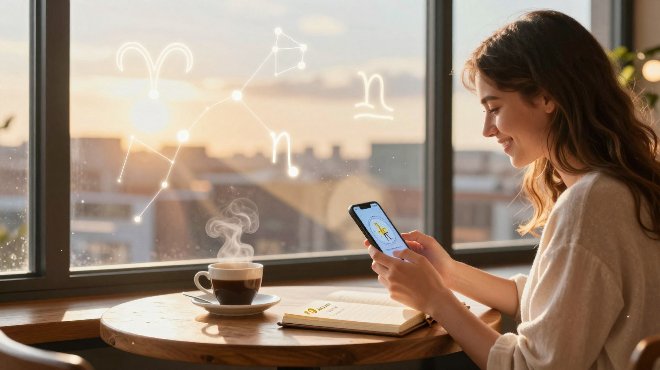 Woman using smartphone with astrology symbols on window, steaming coffee and notebook on table by sunset.