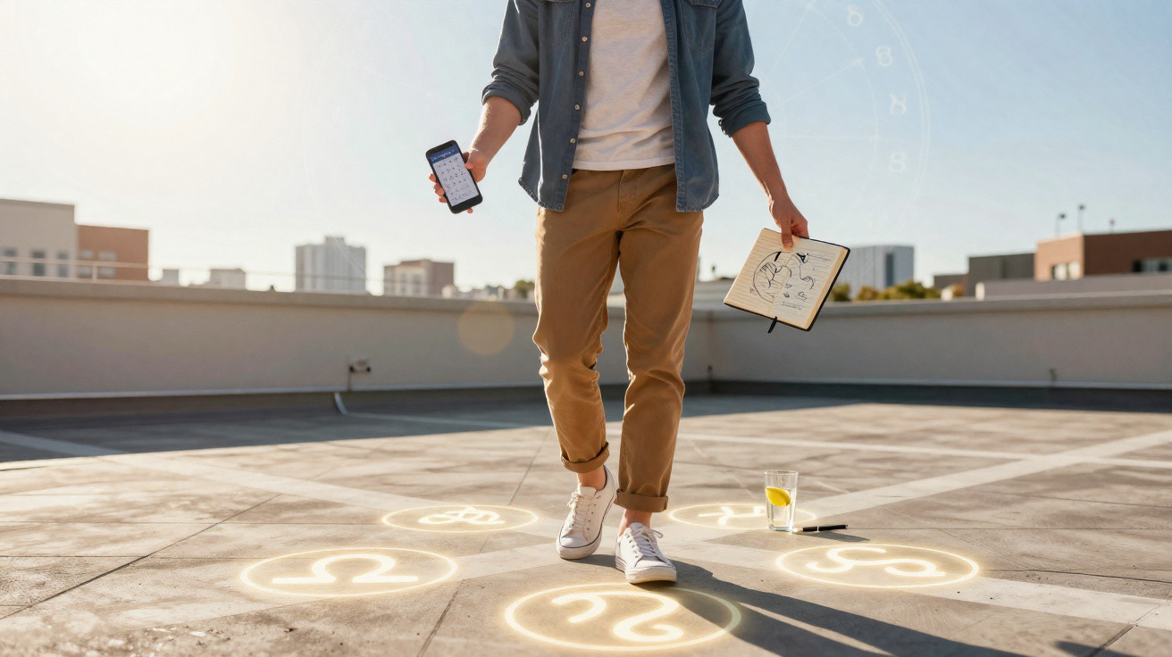 Person standing on rooftop with zodiac symbols glowing on the ground, holding a smartphone and notebook.