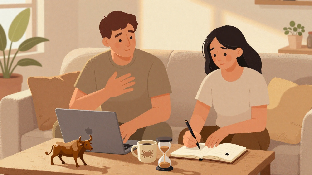 Man using laptop and woman writing in notebook while sitting on sofa in living room.