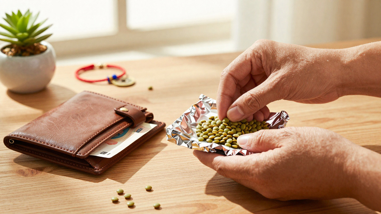 Hands holding a foil sheet with yellow-green pills near a brown wallet and a small succulent on a wooden table.