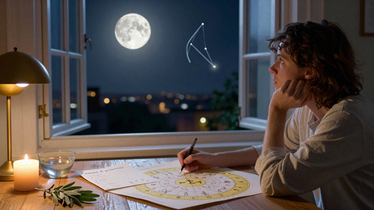 Person studying astrology chart by candlelight, looking out at full moon and star constellation through window at night.