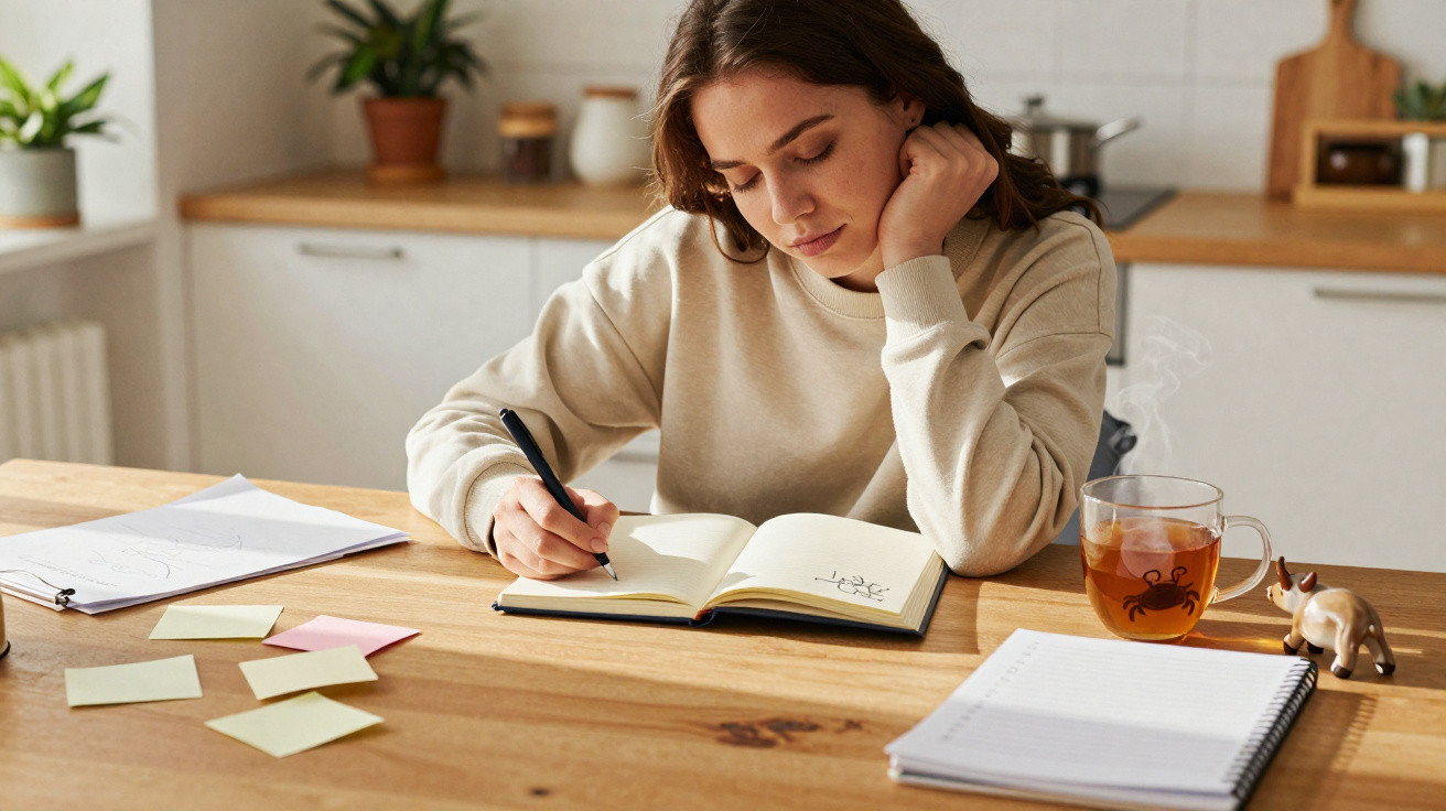 Young woman writing in a notebook at a wooden kitchen table with sticky notes, a cup of tea, and papers.