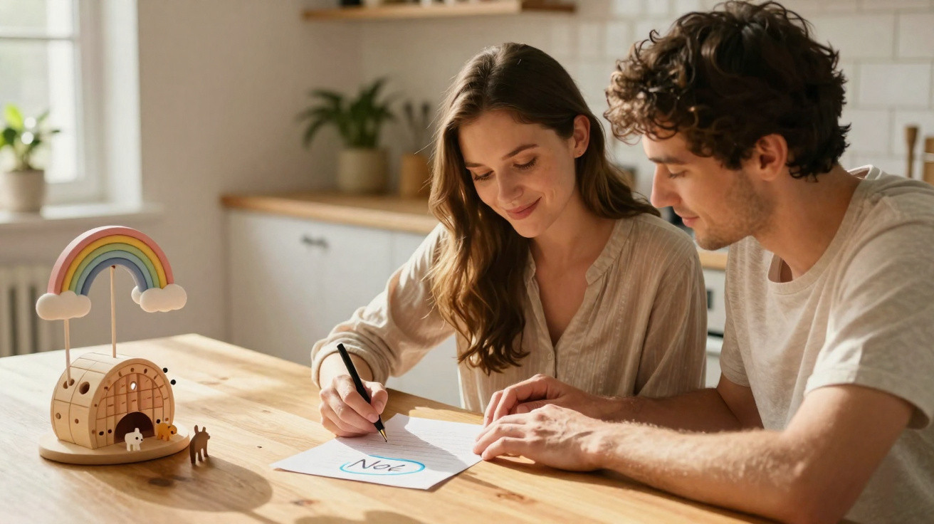 Couple sitting at table in bright kitchen, writing and discussing the word "No" on paper.
