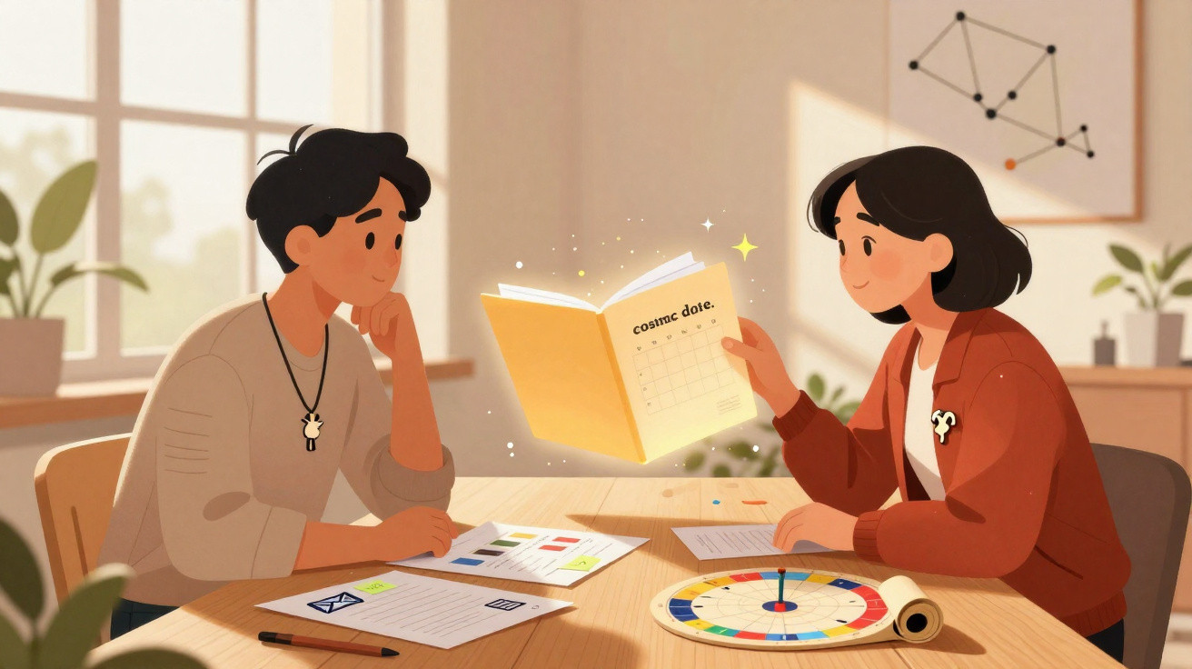 Two people sitting at a table planning a "cosmic date" with astrological charts and a glowing book.