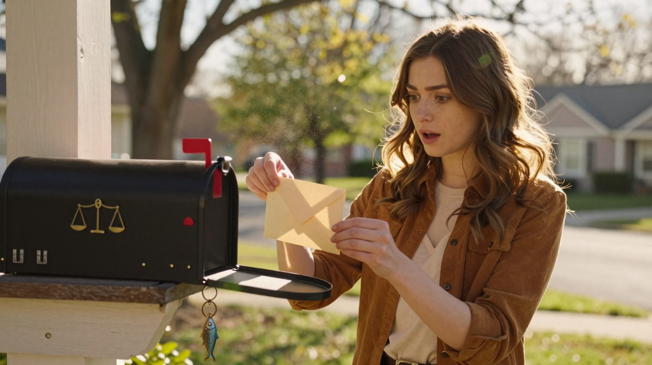 Young woman surprised while retrieving a letter from a black mailbox with a scales of justice emblem outdoors.