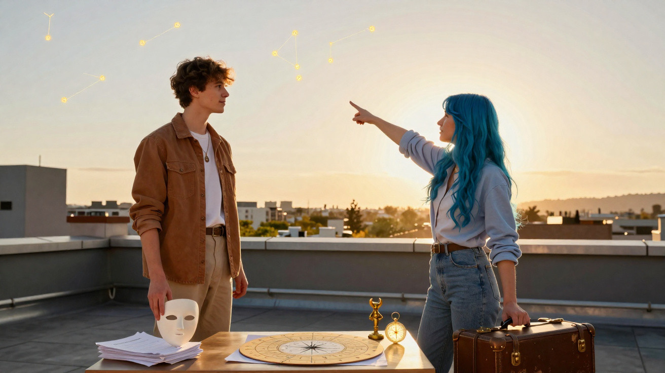 Two young people on rooftop at sunset with constellation graphics, map, mask, and vintage objects on table.