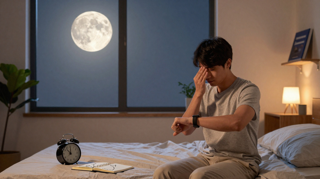 Man sitting on bed checking watch with full moon visible through window at night.