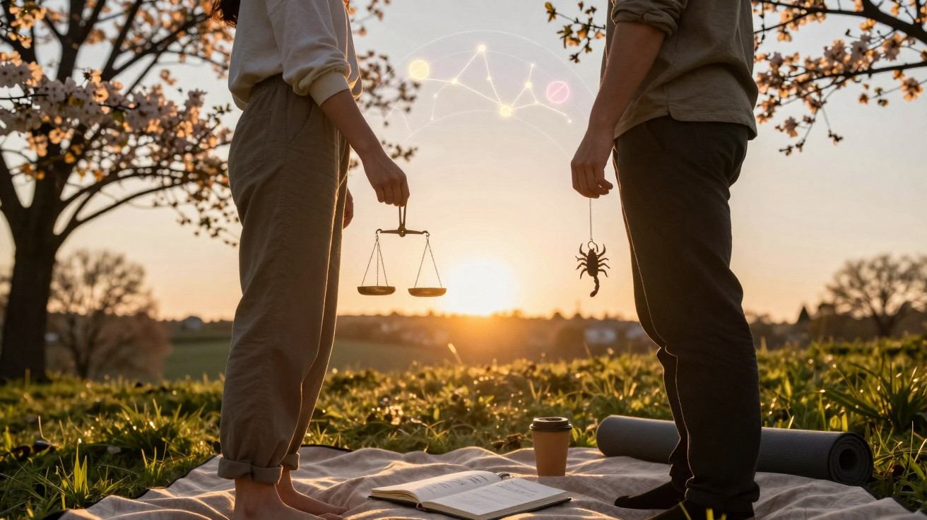 Two people standing on a blanket outdoors at sunset, one holding scales, the other a spider pendant.