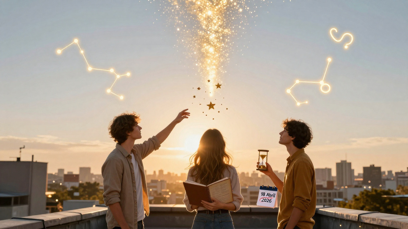 Three people on a rooftop at sunset with glowing constellations and magical stars in the sky above them.