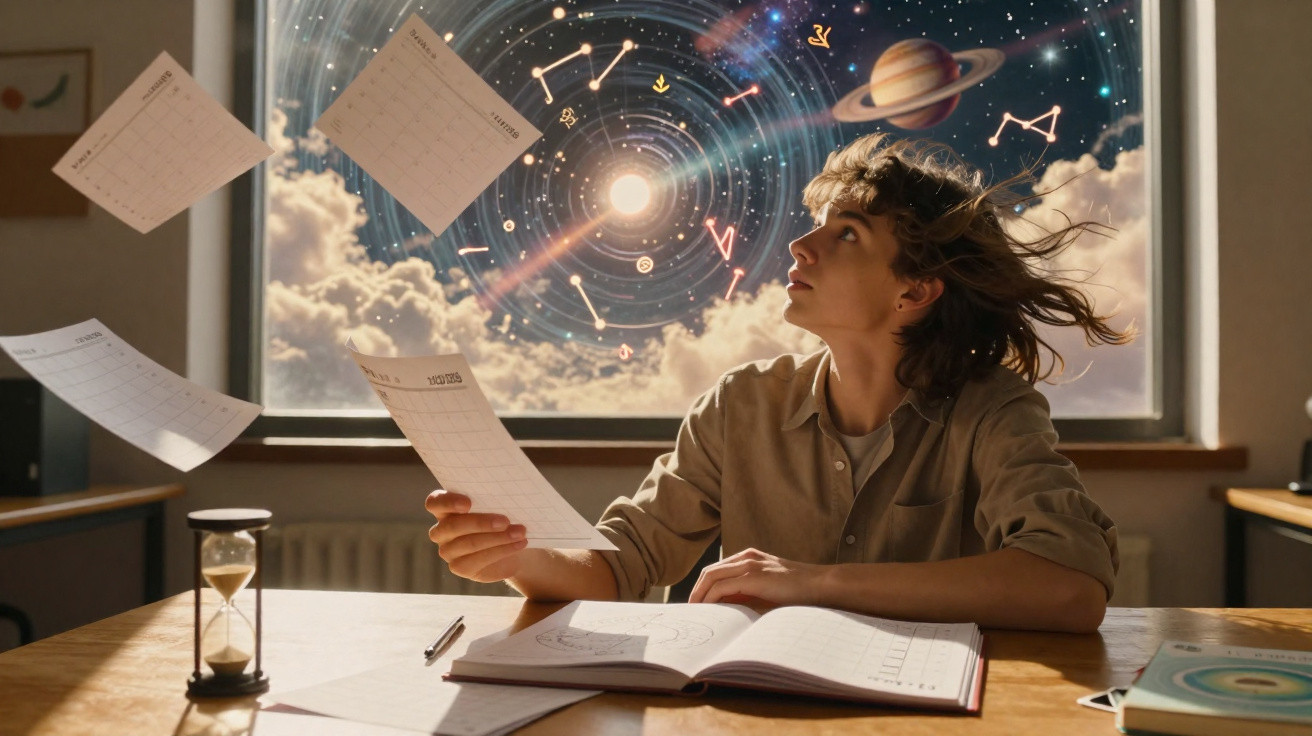 Young person at desk with floating papers and mystical celestial symbols outside window.