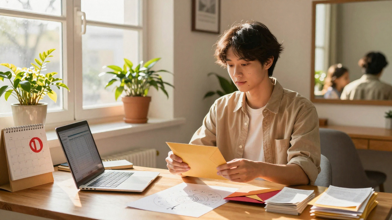 Young man sitting at a desk by a window, opening a yellow envelope with papers and a laptop nearby.