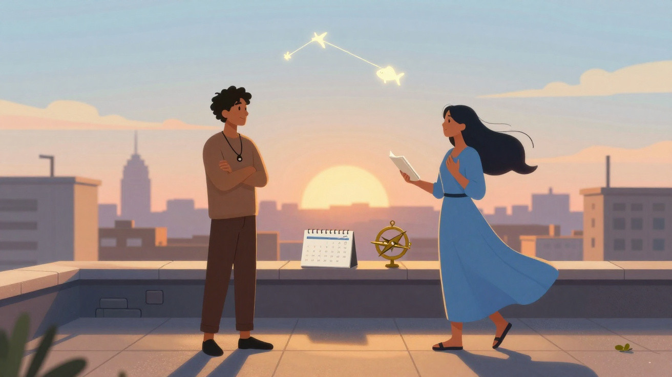 Two people on a rooftop at sunset with constellation lines connecting stars above them.