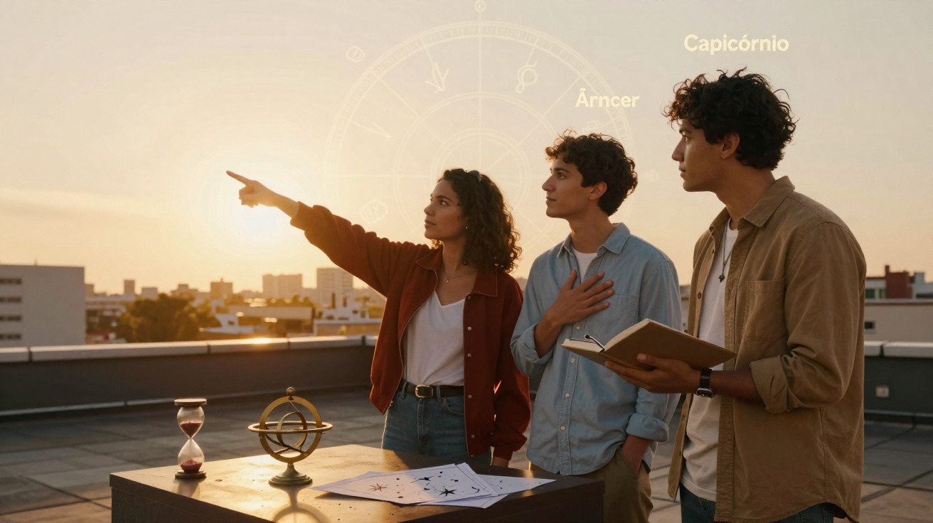 Three young people studying astrology symbols on a rooftop at sunset with star charts and an hourglass.
