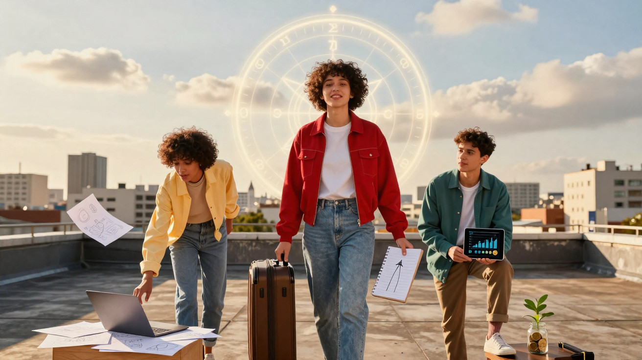Three young people on a rooftop with laptop, charts, and a glowing astrological zodiac wheel in the sky.