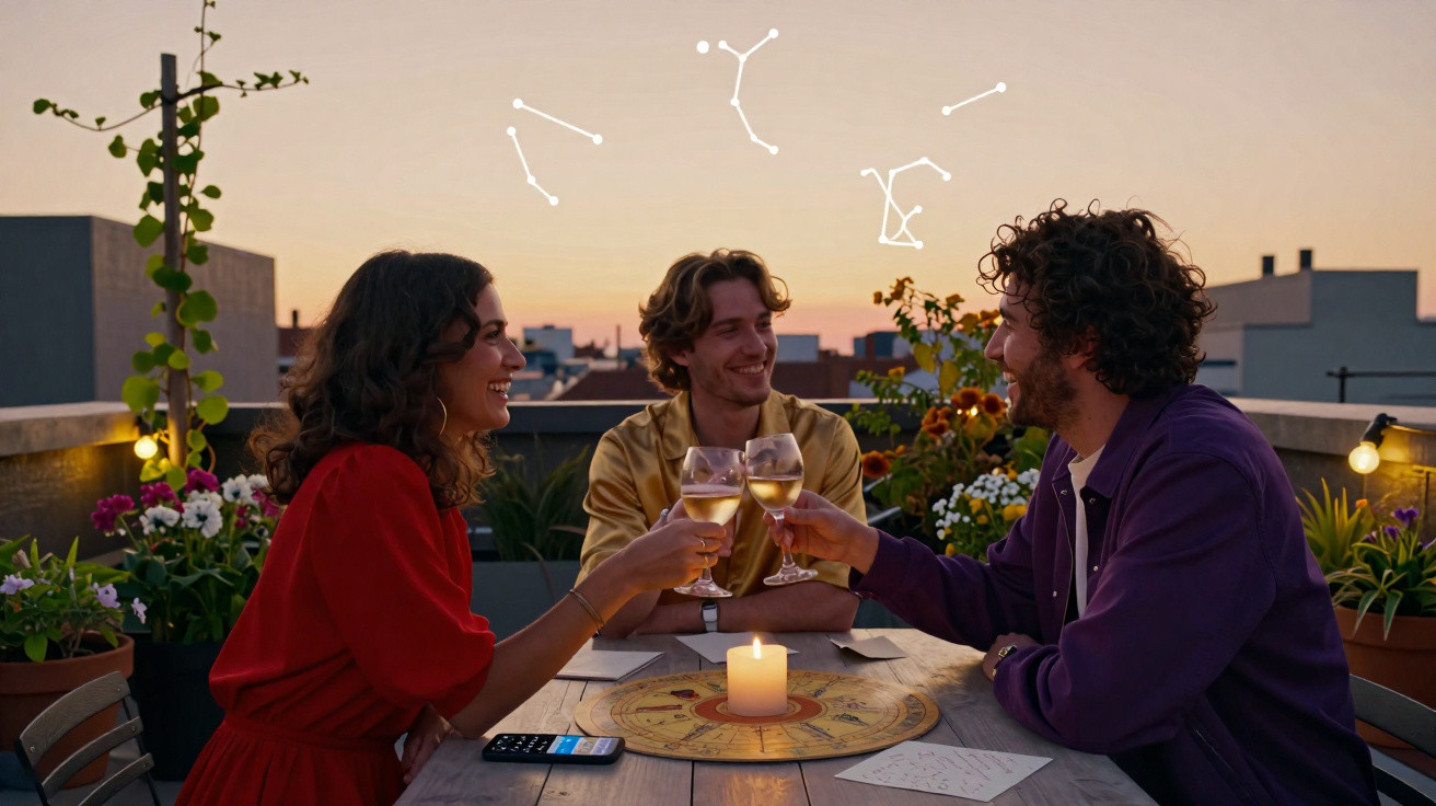 Three friends clinking wine glasses around a table with a candle and constellation drawings at sunset.